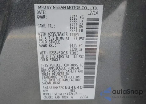 2015 Nissan Pathfinder Sv from USA, damaged, VIN 5N1AR2MM7FC634640